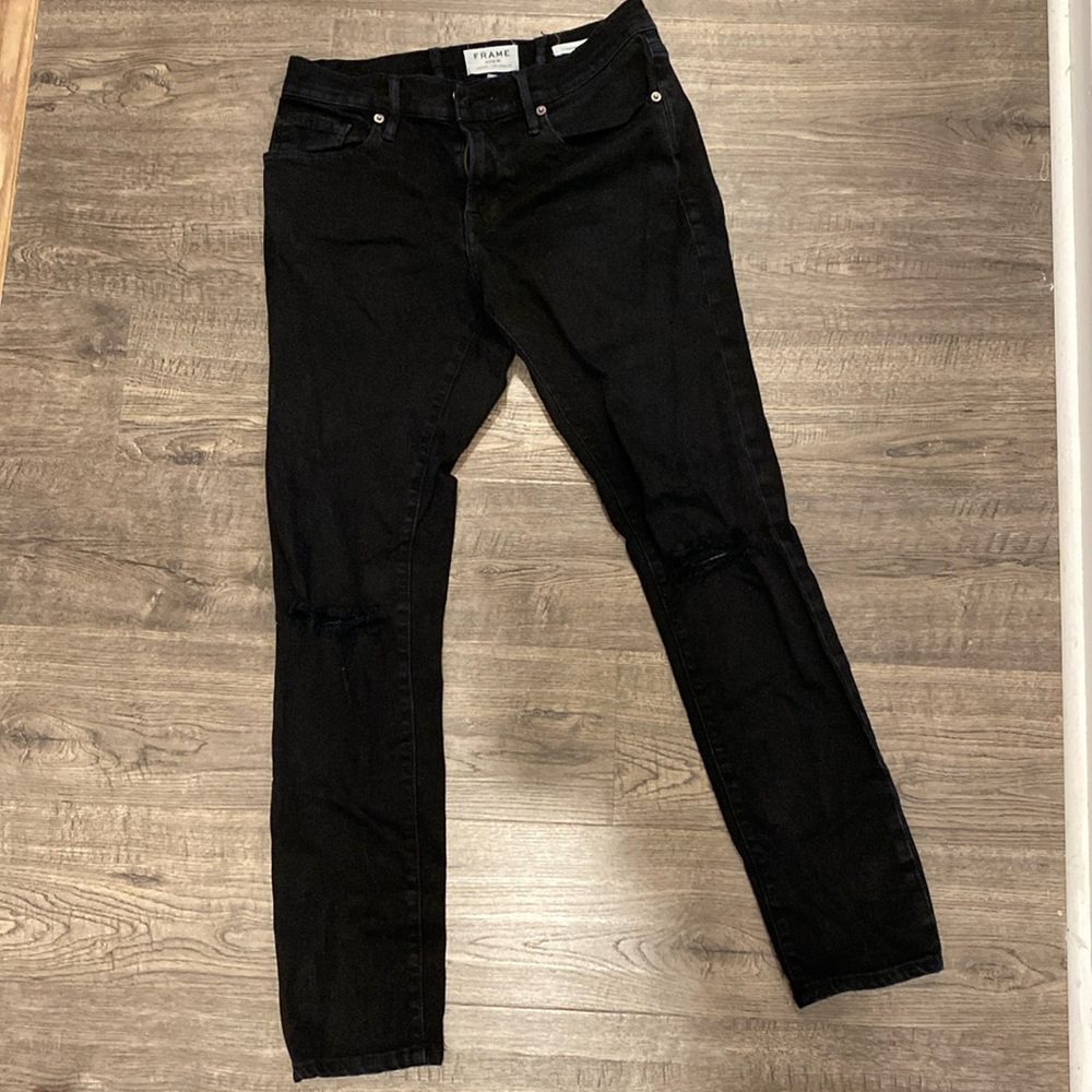 FRAME Denim L’Homme Skinny Designer Ripped Jeans Black Size 29